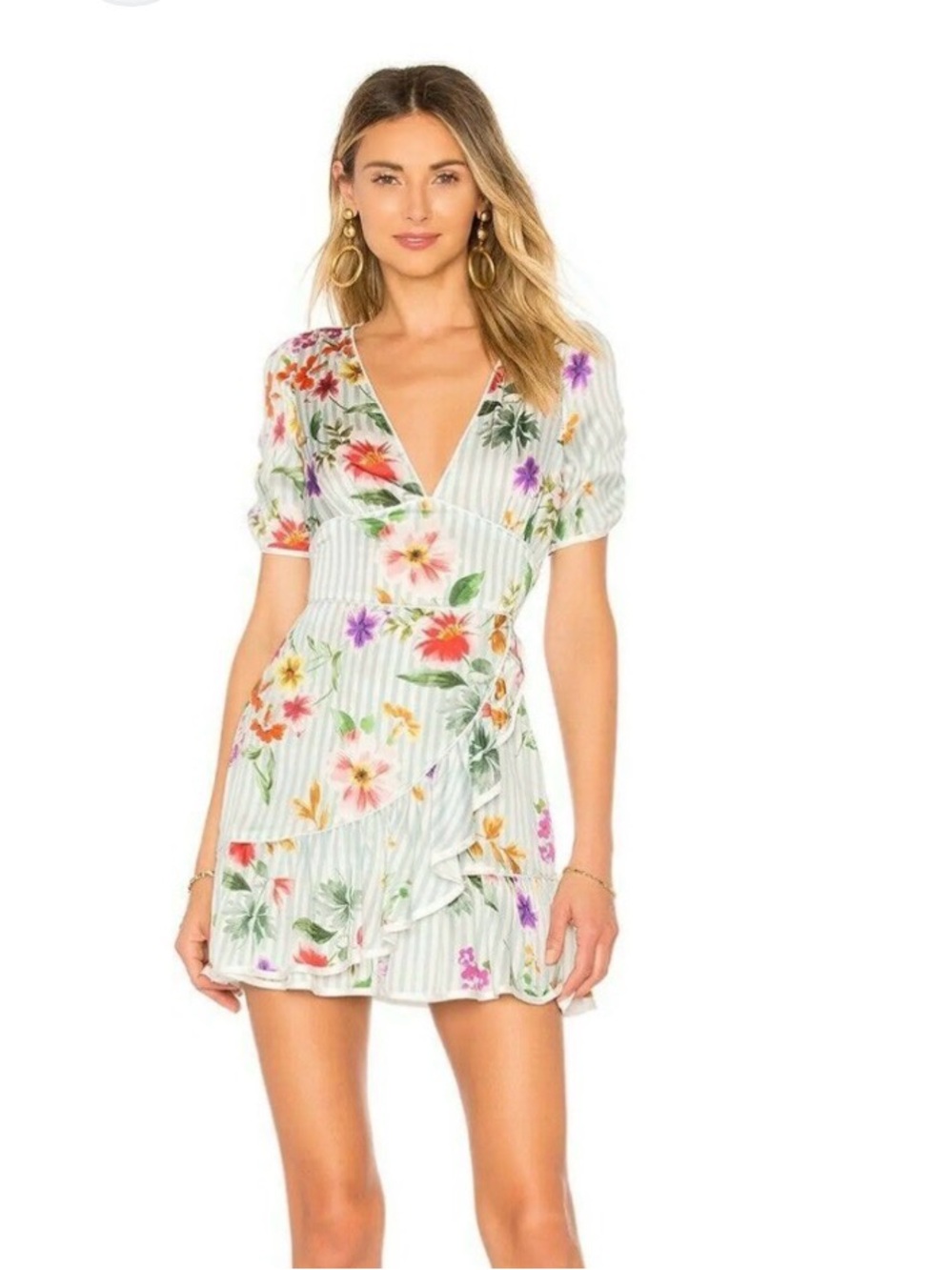 Tularosa Cream Floral Wrap Dress | Puffed Sleeves Ruffled Hem XXS